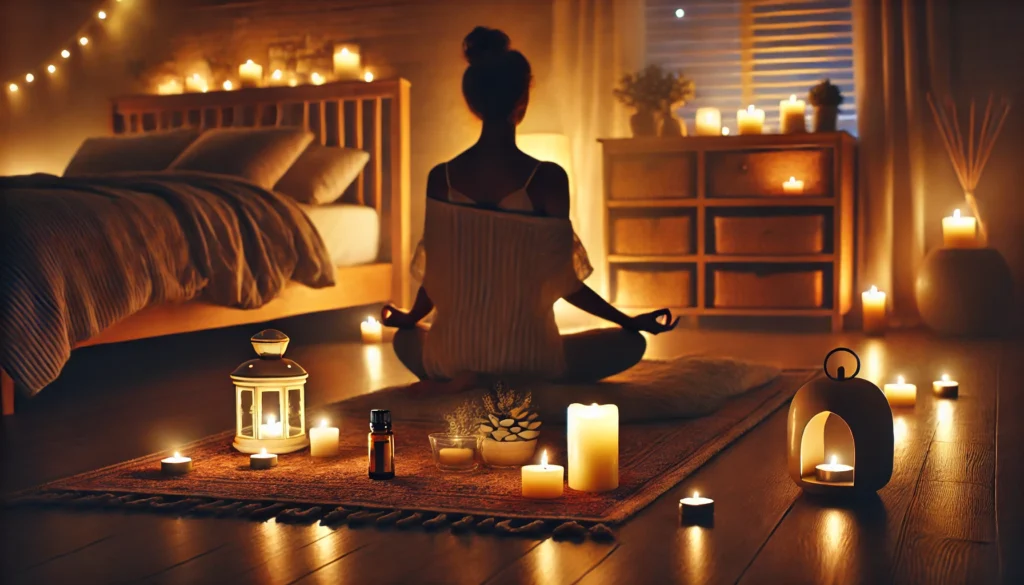 A peaceful evening scene of a person practicing relaxation techniques, seated cross-legged on a soft rug in a dimly lit room. They are surrounded by candles and essential oil diffusers, creating a calming and distraction-free atmosphere.