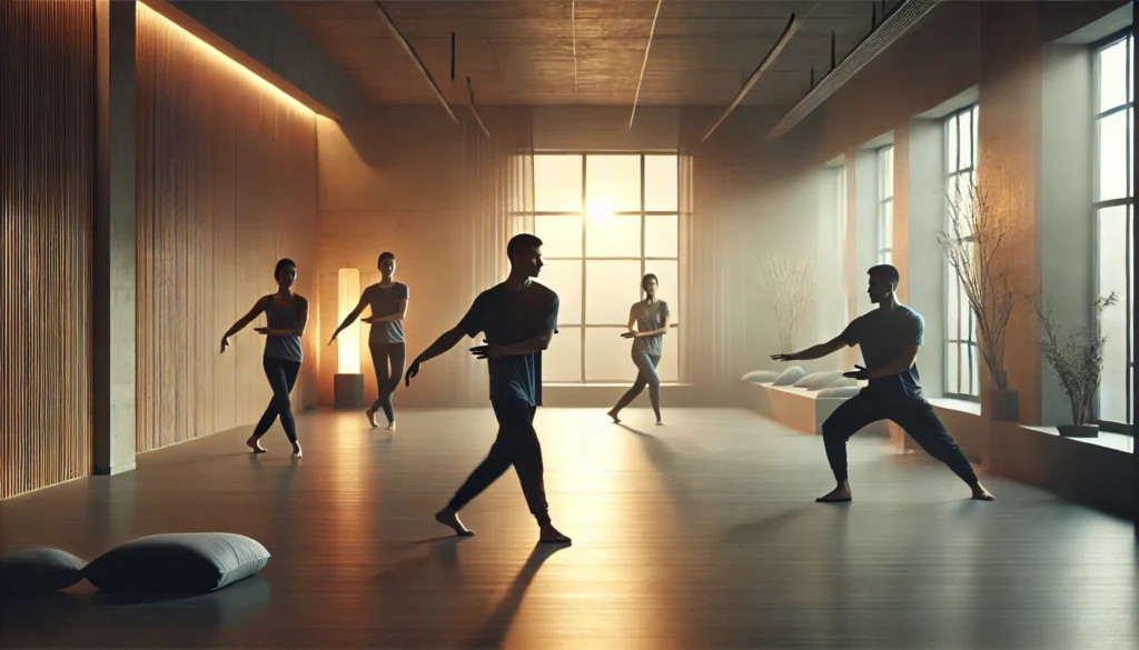 A serene evening fitness session in a spacious studio, featuring participants practicing tai chi with slow, flowing movements. The soft ambient lighting and minimalist decor create a peaceful environment, promoting relaxation and combating insomnia.