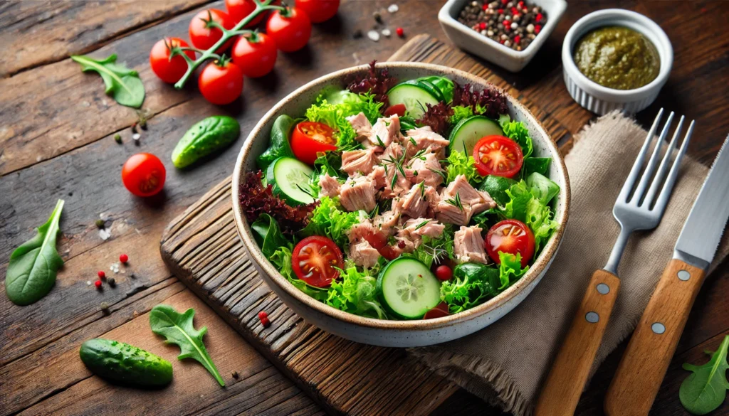 Fresh tuna salad with leafy greens, cherry tomatoes, cucumber, and vinaigrette, highlighting the brain-boosting benefits of tuna