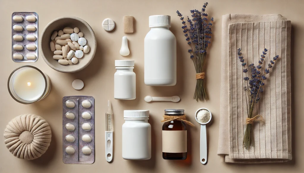 A flat lay featuring unbranded over-the-counter sleep aids, including plain pill bottles, capsules, and a measuring cup for liquid medication. The arrangement includes calming accents like a small candle and dried lavender, with no labels or text visible.