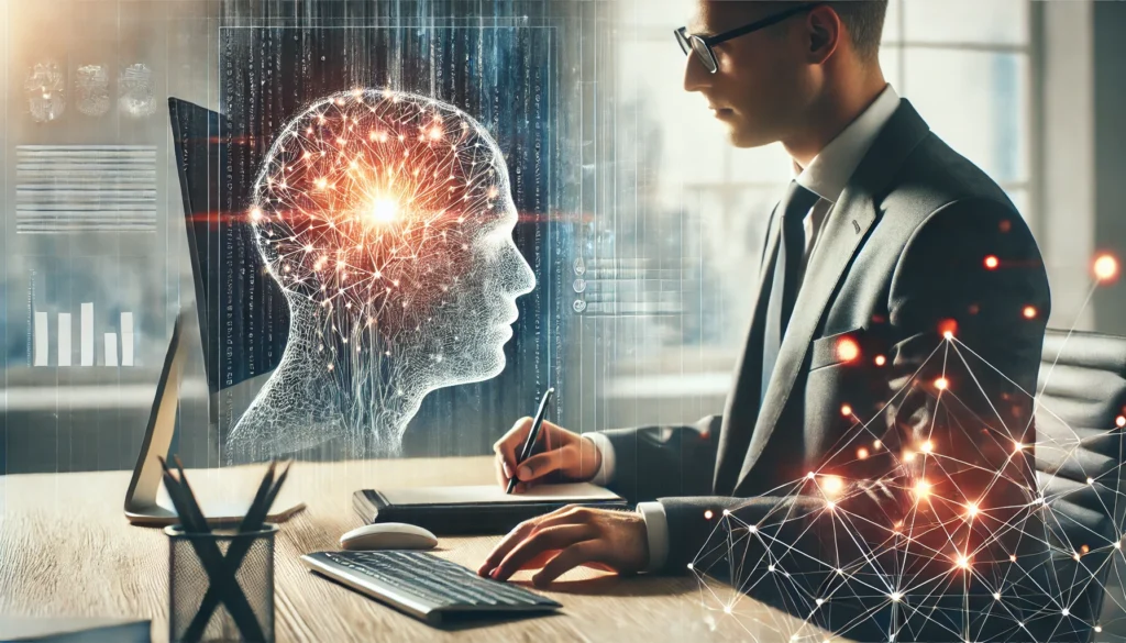 Depiction of a professional in an office, working with sharp focus, accompanied by abstract neural network visuals in the background, symbolizing enhanced brain activity and productivity