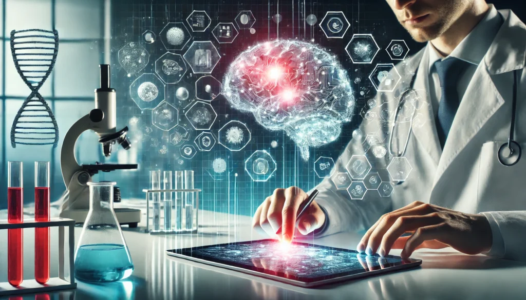 Artistic rendering of a scientist in a futuristic lab, analyzing data on a glowing tablet, with a brain hologram in the background representing cognitive research and focus-enhancing medications