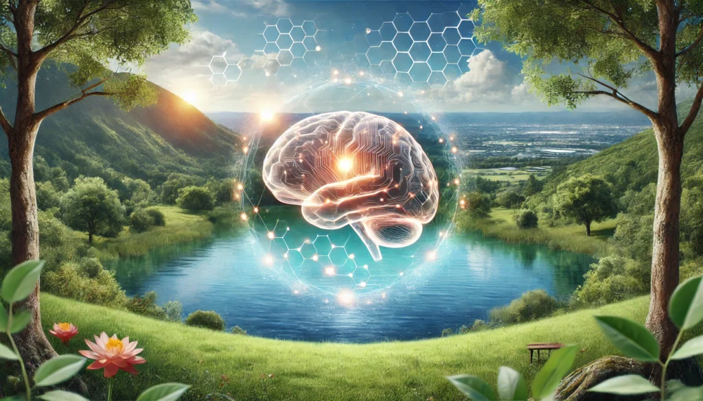 Serene landscape blending nature with science, featuring a transparent glowing brain floating above a tranquil lake, symbolizing cognitive enhancement and balance