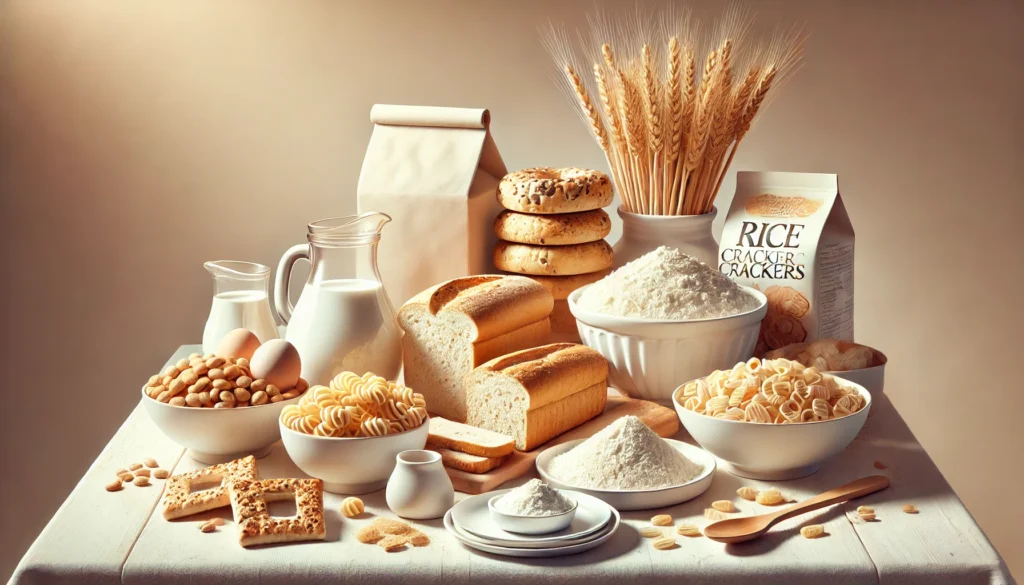 A table featuring refined carbohydrate-rich foods like white bread, pastries, pasta, and rice crackers, arranged in a minimalist setting under soft, warm lighting