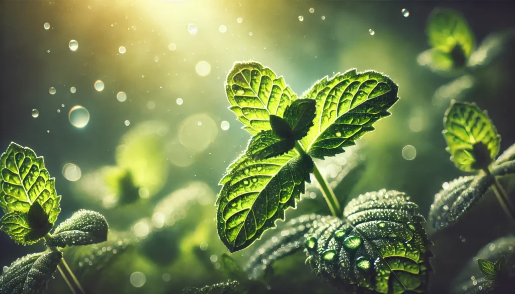 Close-up of fresh peppermint leaves adorned with dew drops, glistening under soft sunlight, showcasing their vibrant green color and natural freshness. Perfect for highlighting herbal wellness themes.