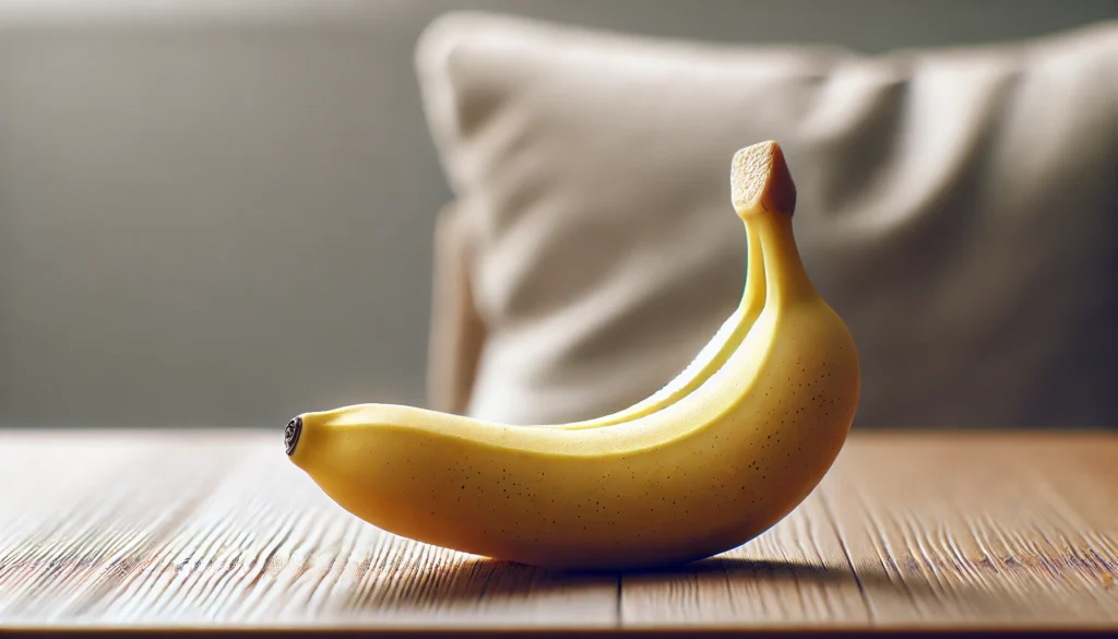 A visually appealing unpeeled banana placed on a wooden table with a soft background, highlighting its natural texture and sleep-promoting properties without any labels or text.