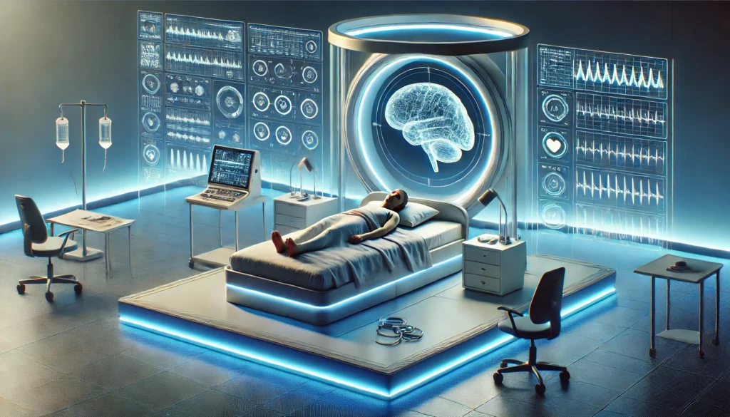 A futuristic sleep research lab featuring high-tech monitoring equipment. A person peacefully rests on a bed connected to sensors measuring brain activity, heart rate, and sleep cycles in a sleek, modern environment with soft blue lighting.