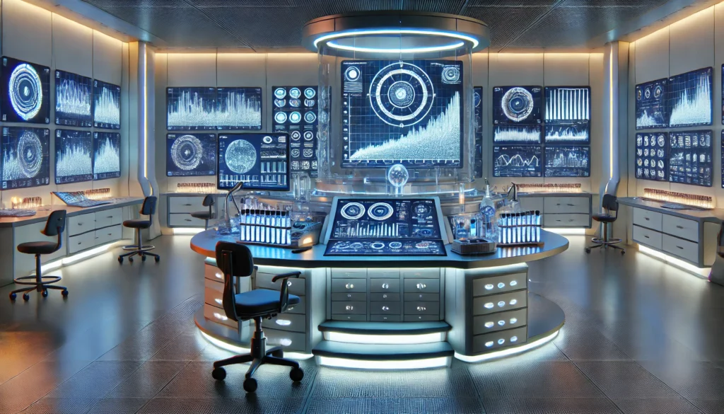 A high-tech laboratory setup designed for circadian rhythm research, featuring advanced scientific equipment and glowing monitors displaying circadian cycle graphs. A central workbench holds test tubes and light simulation devices, emphasizing cutting-edge exploration in sleep science.