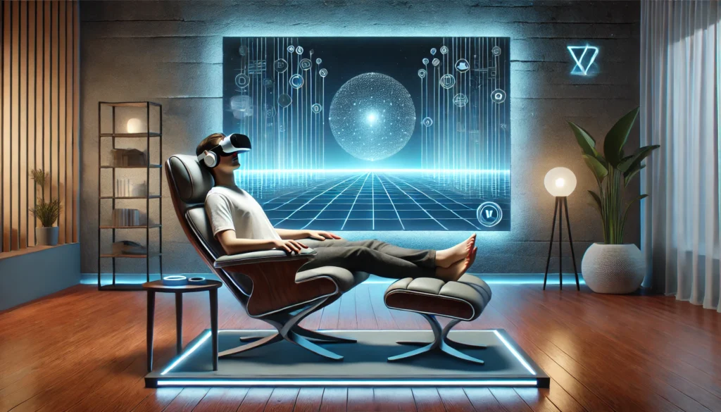 A high-tech relaxation scene featuring an individual seated in a modern lounge chair, wearing VR goggles in a softly lit room. The setting includes sleek design elements, soft blue ambient lighting, and a serene digital landscape in the background, illustrating the integration of technology with conscious relaxation.