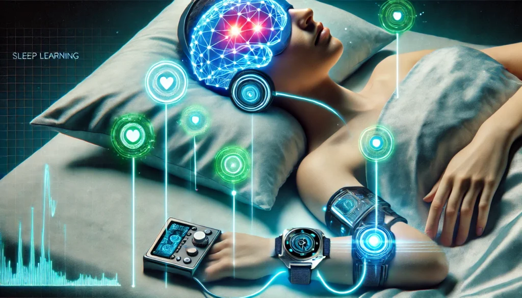 A futuristic depiction of sleep learning technology, featuring wearable devices monitoring brain activity with glowing signals representing enhanced cognitive processing during sleep.