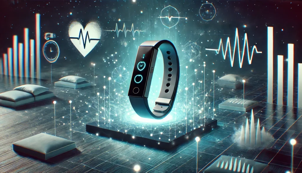 A sleek representation of wearable sleep technology with floating visualizations of sleep metrics, emphasizing innovation and a data-driven approach to improving rest. No text or numbers included.