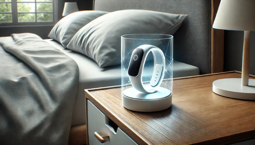 A tranquil, futuristic bedroom setting showcasing a transparent wearable sleep monitoring device on a modern bedside table. The device glows softly, symbolizing advanced technology, while the room's sleek, minimalist design and neutral tones emphasize comfort and innovation.