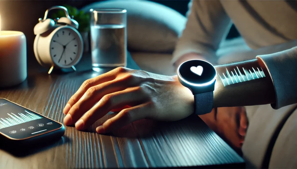 A close-up of a futuristic wrist-worn sleep tracker device glowing softly, worn by a person resting their hand on a dark wooden bedside table. The background features soft ambient lighting, a minimalist clock with a heart symbol at its center, and a glass of water, creating a serene and harmonious ambiance.