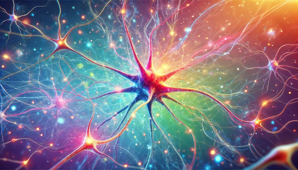 An abstract artistic rendering of vibrant brain neurons with electrical pulses and synaptic connections, illustrating cognitive function and the effects of supplements like Prevagen