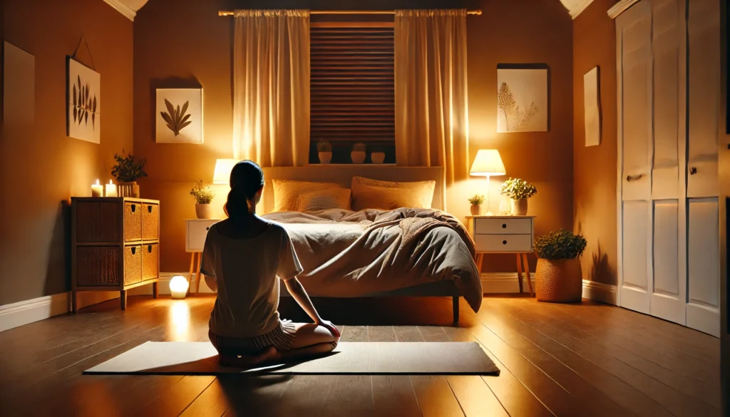 A tranquil nighttime bedroom featuring a person sitting on the floor near their bed, performing a gentle forward stretch. The room is warmly lit with soft bedding, a small bedside lamp, and calming elements like a potted plant and minimalist decor.