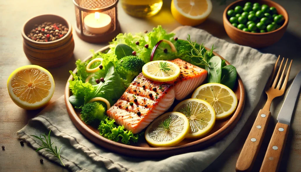 A plate of grilled salmon garnished with lemon slices and fresh herbs, accompanied by leafy greens, under soft evening lighting, emphasizing nutrition for enhanced sleep quality.