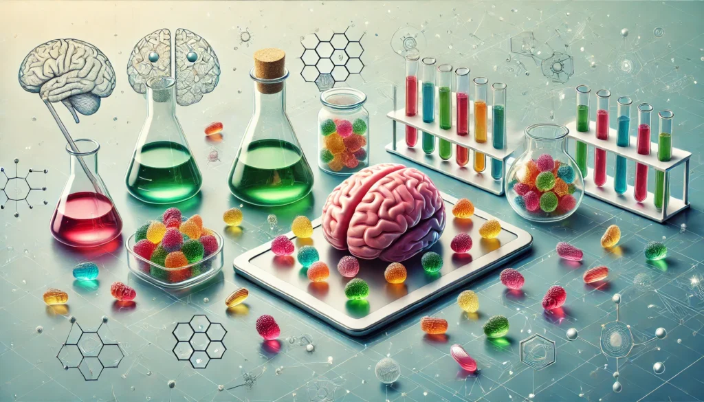 A collection of brain-boosting gummies for brain health displayed on a glass plate in a sleek, modern kitchen, bathed in natural light