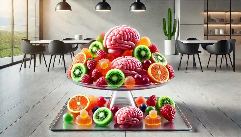 A collection of brain-boosting gummies for brain health displayed on a glass plate in a sleek, modern kitchen, bathed in natural light