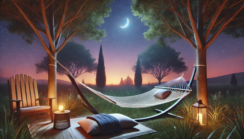 A serene outdoor setting at dusk with a hammock strung between two trees, surrounded by soft orange and purple hues of the transitioning sky. The tranquil natural elements emphasize relaxation and alignment with natural rhythms for enhancing deep sleep.