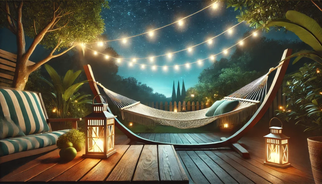 A serene outdoor setting featuring a hammock beneath string lights, with a wooden table holding a softly glowing lantern. The night sky is filled with stars, and lush greenery surrounds the area, perfect for sleeping peacefully.