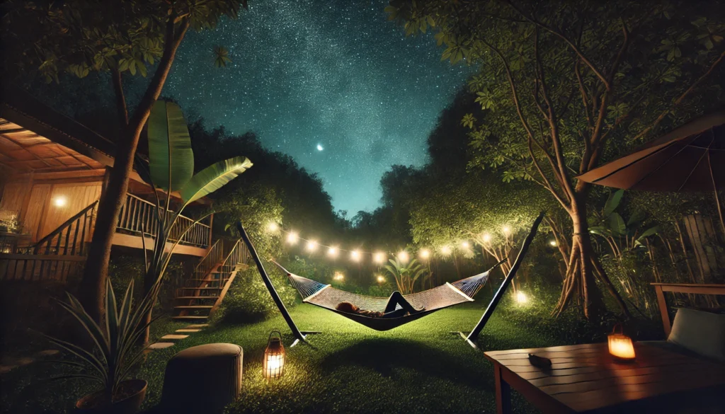 An outdoor nighttime scene featuring a person lying on a hammock under the stars in a quiet garden. The garden is softly illuminated by string lights and surrounded by trees, creating a serene and calming atmosphere ideal for relaxation and reducing sleep tension before bed.