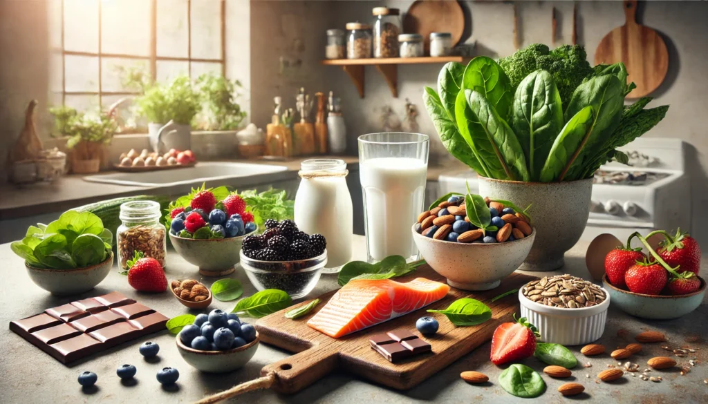 A kitchen counter with brain-healthy foods including leafy greens like spinach and kale, a bowl of mixed berries, grilled salmon, nuts and seeds in small bowls, kefir in a glass, and dark chocolate. Natural lighting enhances the wholesome appeal of the foods