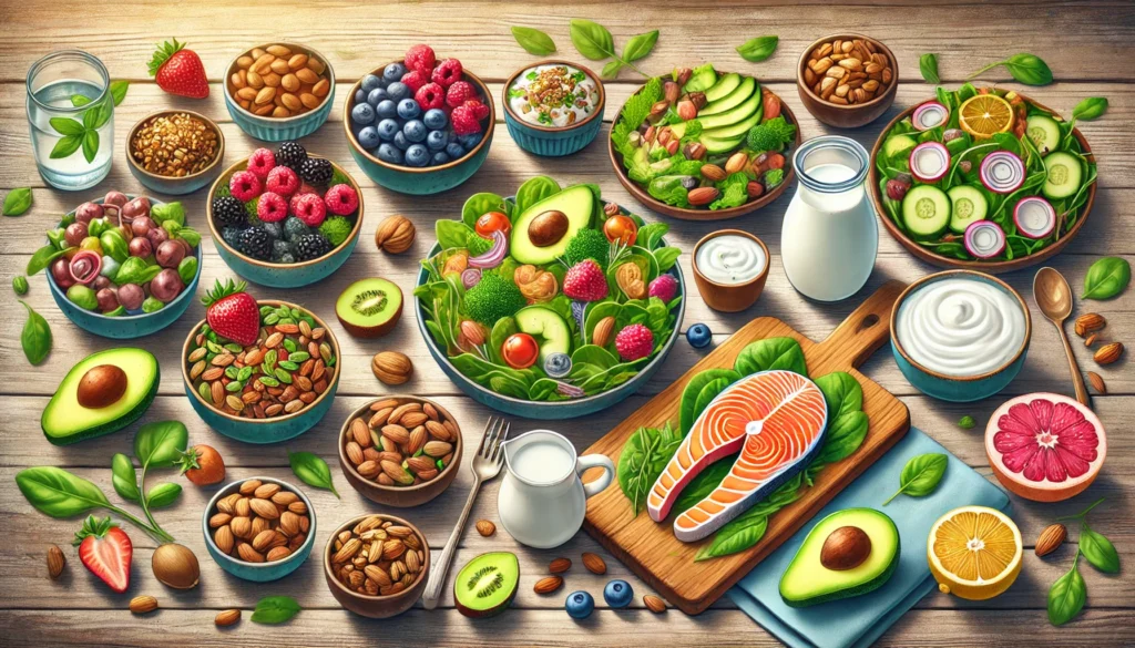 A wooden table filled with vibrant brain-boosting foods: a bowl of fresh berries, a leafy green salad with avocado, grilled salmon with lemon, small bowls of nuts and seeds, and a glass of kefir. Natural light from a nearby window highlights the healthful appeal