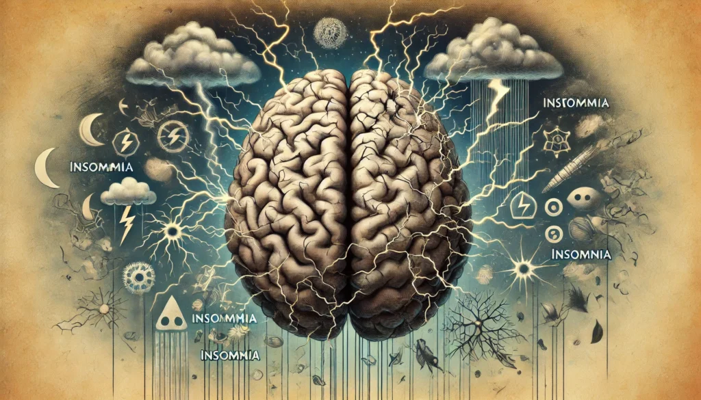 Symbolic representation of chronic stress damaging the brain, featuring a cracked and fragile brain entangled with wires, stormy clouds, and breaking neurons. Elements of insomnia, emotional distress, and memory loss emphasize the cognitive decline from prolonged stress