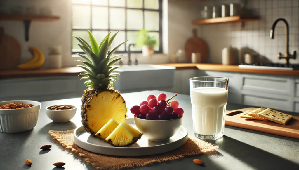 A modern kitchen counter featuring a plate of sliced pineapple, a bowl of fresh grapes, and a glass of almond milk, illuminated by soft natural light streaming through a nearby window, showcasing a clean and health-conscious snacking setup.