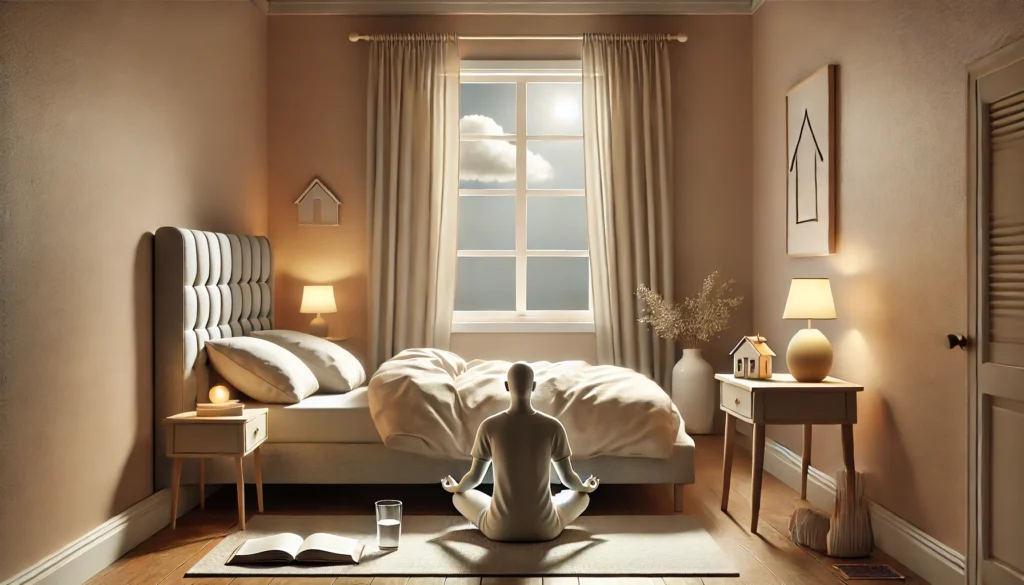 A serene depiction of a cozy bedroom emphasizing healthy sleep hygiene, with a neatly made bed, open window allowing natural light, and a bedside table holding a book, glass of water, and unlit candle. A person meditates on the floor, promoting relaxation and mindfulness before sleep.