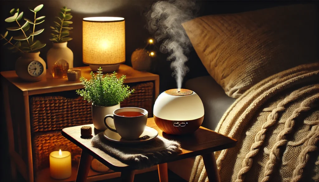 A tranquil nighttime setup featuring a cup of herbal tea on a small wooden table, surrounded by a cozy blanket and a diffuser emitting mist, with a glowing lamp nearby, creating a calm and sleep-conducive environment.