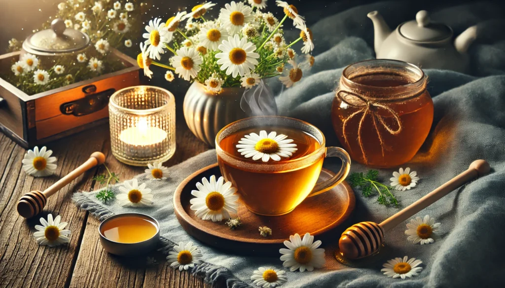 A cozy setup of chamomile tea for sleep, featuring a steaming cup on a wooden table surrounded by fresh chamomile flowers, honey, and a softly glowing candle, promoting natural sleep remedies.