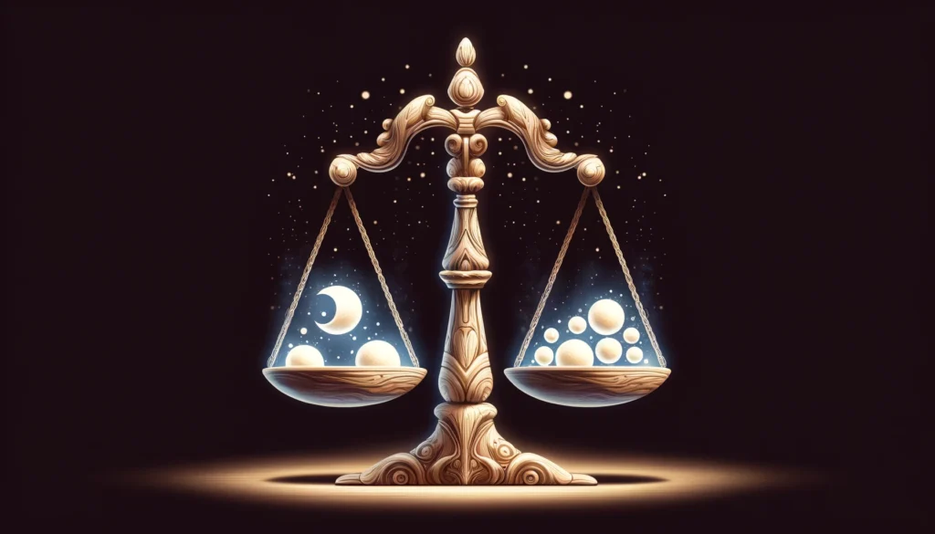 A symbolic image of an unbalanced scale with two glowing orbs, one larger and one smaller, visually representing the disruption of hunger and satiety hormones due to sleep deprivation, affecting appetite regulation and weight gain.