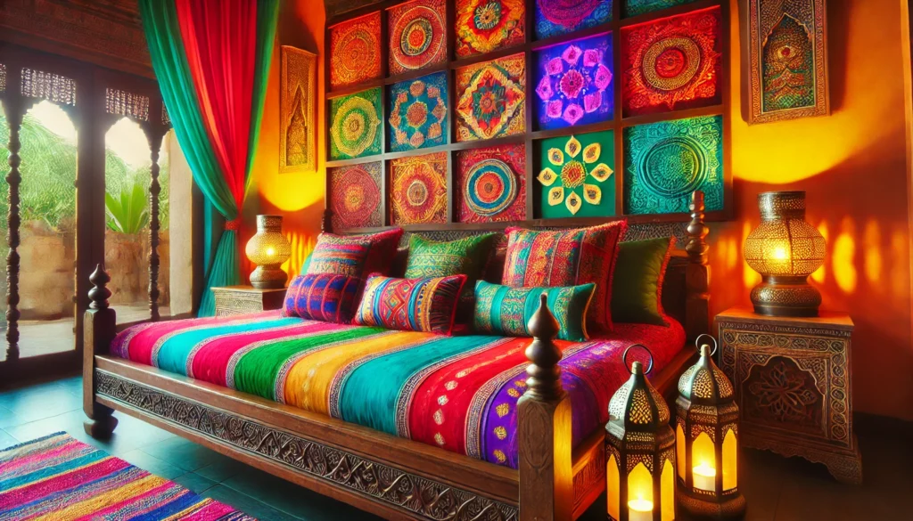 A vibrant Indian-inspired bedroom featuring colorful cushions, a low wooden bed with intricate carvings, and soft, ambient lighting from traditional lanterns. The setting highlights cultural aesthetics and the emphasis on comfort in sleep environments, with no text or overlays.