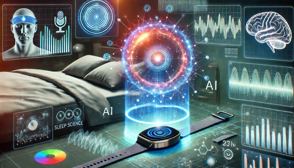 A futuristic visualization of sleep science innovation featuring wearable sleep trackers and AI-powered systems analyzing sleep data. The scene includes glowing holographic charts and brainwave patterns, representing advancements in personalized sleep solutions.