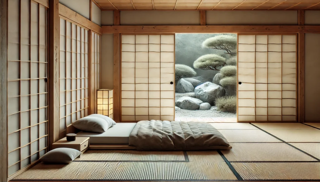 A peaceful traditional Japanese bedroom with a tatami mat floor, a neatly arranged futon, sliding shoji screens, and a small zen rock garden visible through an open window. The minimalistic design emphasizes simplicity and tranquility in cultural sleep practices, with no text or overlays.