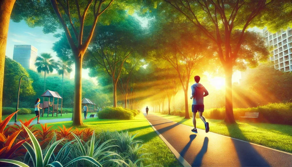 A vibrant outdoor park scene with a person jogging along a tree-lined path during sunrise. The lush greenery and golden sunlight filtering through the trees create a calm and invigorating atmosphere, emphasizing stress relief through physical activity.