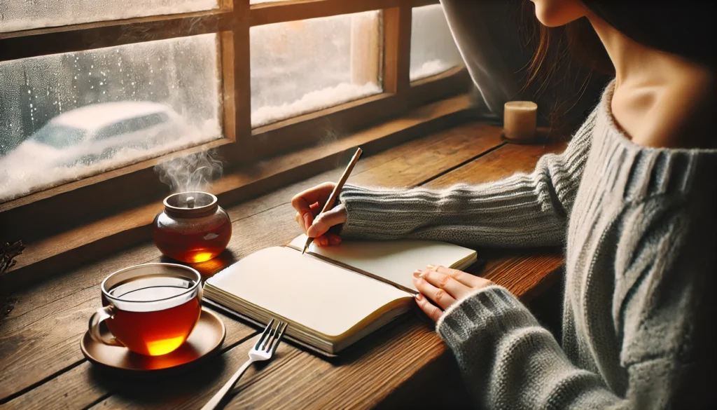 A cozy indoor setting with someone journaling at a wooden desk near a window. The desk features an open notebook, a steaming cup of tea, and soft natural light streaming in, creating a serene space for stress relief and emotional reflection.