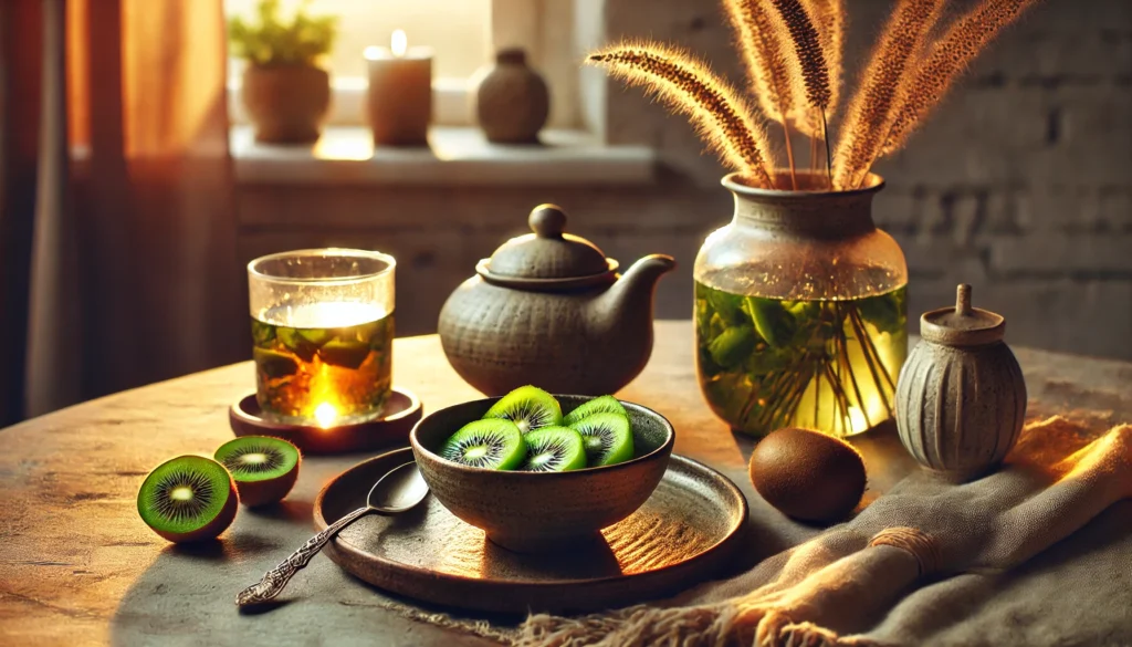 A serene dining table setting featuring a bowl of fresh kiwi slices, a cup of herbal tea, and a decorative vase, illuminated by warm evening light to create a calming and health-focused ambiance.