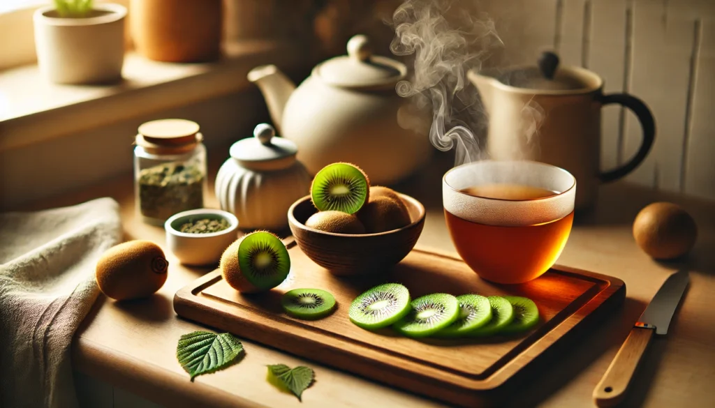 A calming kitchen countertop featuring a wooden cutting board with sliced kiwi fruit, a small bowl of whole kiwis, and a steaming cup of herbal tea, bathed in soft evening light for a serene and sleep-enhancing ambiance.