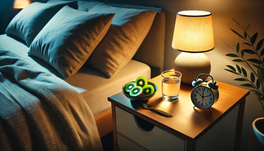 A peaceful bedroom corner with a nightstand featuring a bowl of sliced kiwi, a small glass of water, and a glowing night lamp, illuminated by soft ambient lighting to create a relaxing and sleep-friendly atmosphere.