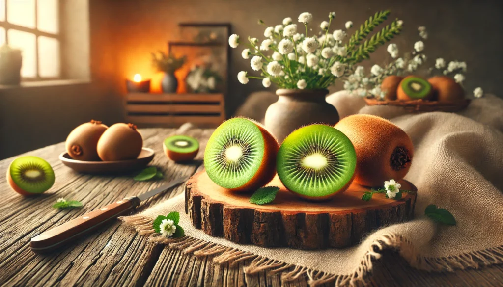 Two whole kiwis sliced open to reveal their vibrant green interior, displayed on a rustic wooden table with small white flowers, under cozy evening lighting to highlight their sleep-enhancing benefits.