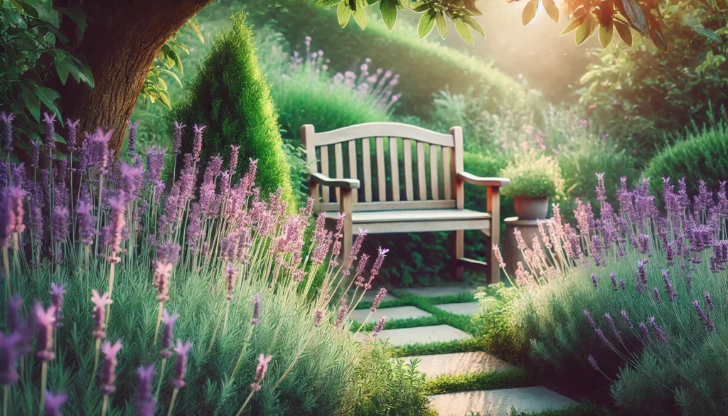 A serene garden with blooming lavender plants, a small wooden bench surrounded by lush greenery, and soft sunlight filtering through leaves, emphasizing calmness and lavender's soothing qualities.