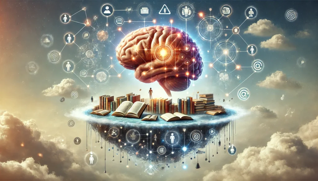 An imaginative portrayal of memory retention, featuring a floating island with a giant glowing brain at its center, surrounded by books and neural symbols. This surreal scene symbolizes structured learning and strategies on how to learn text efficiently