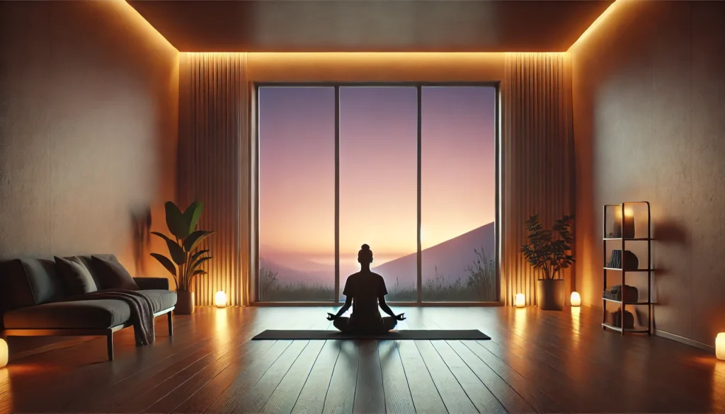 A serene scene of a person meditating on a yoga mat in a softly lit room with large windows overlooking a tranquil twilight sky, surrounded by minimalist decor and lush green plants, creating a peaceful and relaxing atmosphere.