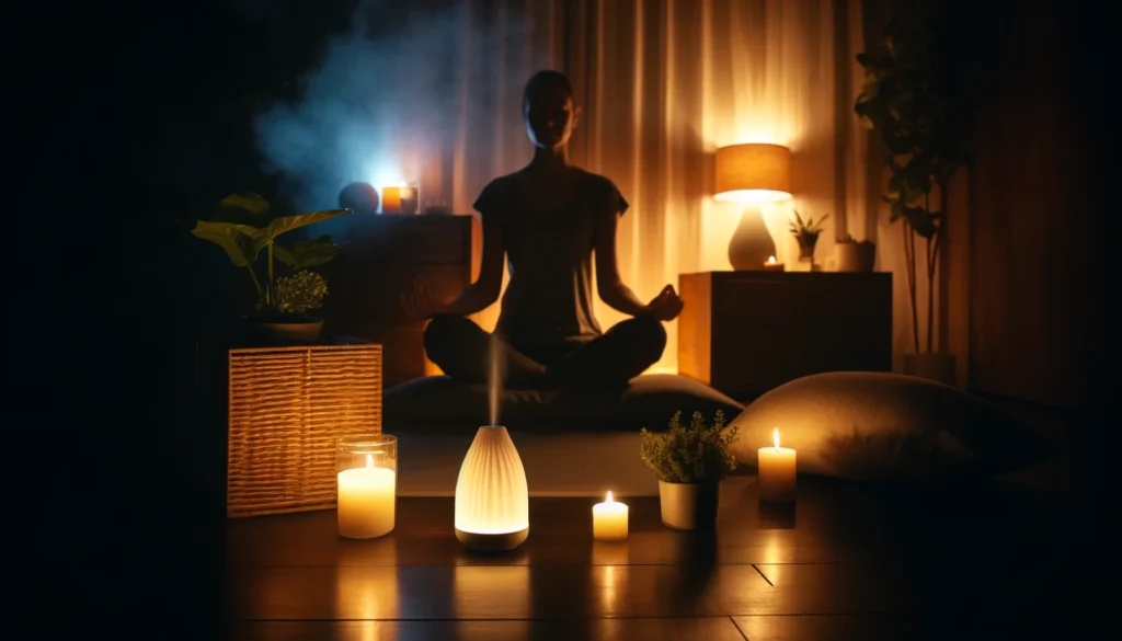 A tranquil nighttime scene with a person meditating in a dimly lit room featuring candles, soft cushions, a small plant, and a diffuser emitting gentle mist, creating a relaxing environment for restful sleep.