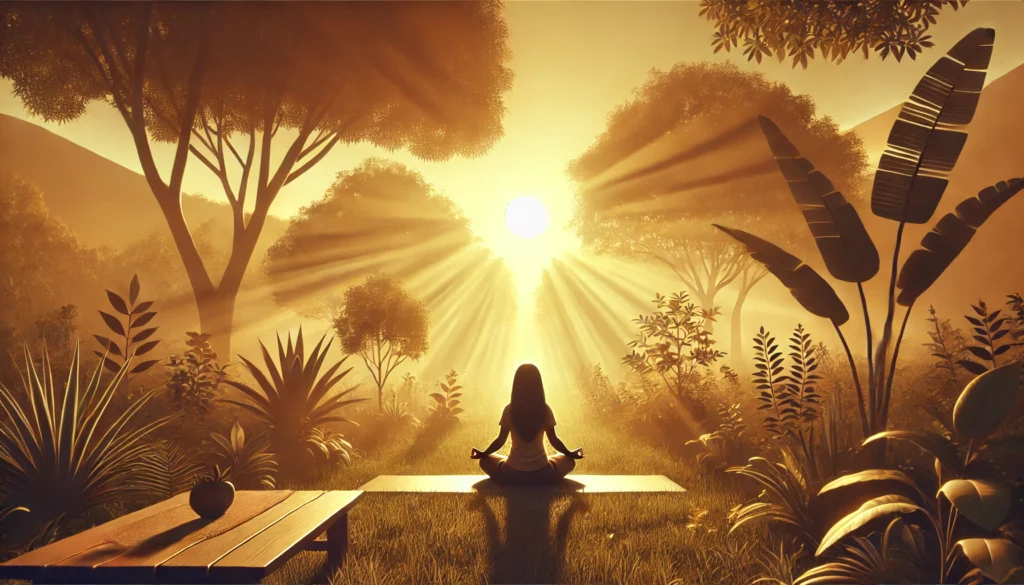 A serene outdoor sunrise scene with a person meditating on a yoga mat surrounded by lush nature. The soft golden light highlights a morning routine in sync with natural circadian rhythms.