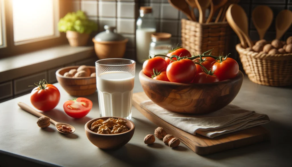 A serene kitchen counter featuring fresh tomatoes in a wooden basket, a bowl of walnuts, and a glass of almond milk, softly lit by evening light from a nearby window, highlighting natural and health-focused foods.