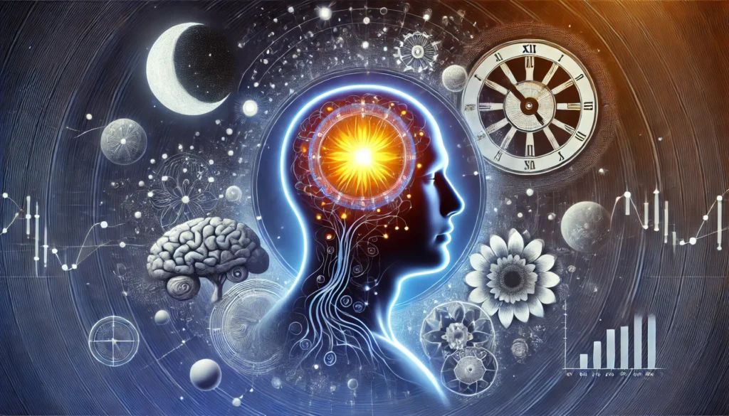 An artistic representation of circadian rhythms featuring a stylized human figure with an internal clock glowing in the brain, illustrating the role of melatonin in regulating sleep-wake cycles.