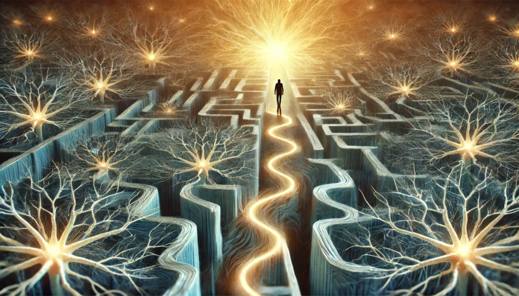 A surreal image of a person navigating a maze made of glowing neurons, symbolizing the effort of recalling lost memories. A golden light highlights the path toward a memory fragment, representing the moment of recall.